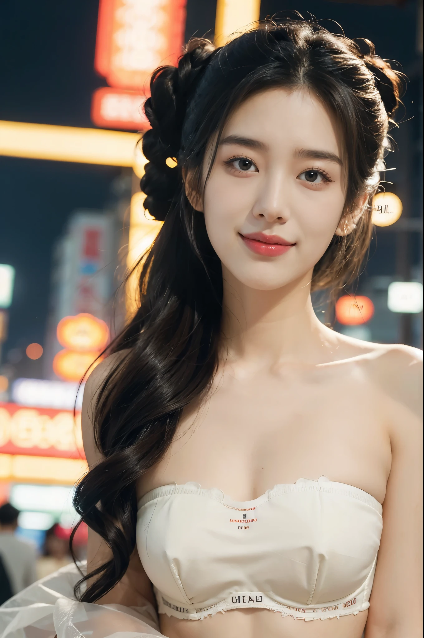 (((best quality))),(((ultra detailed))),(((masterpiece))),illustration,1girl,bun hair,(strapless see through gauze Korean bra:1.3),collar,slim,flat chest,laughing, summer night,Korean city scape, street, neon signs, beautiful, vibrant, detailed facial features,medium hair, elegance, cultural atmosphere, bustling city,tall buildings full of colorful advertisements, reflections, lively atmosphere, street food aroma,(close-up of face:1.3)