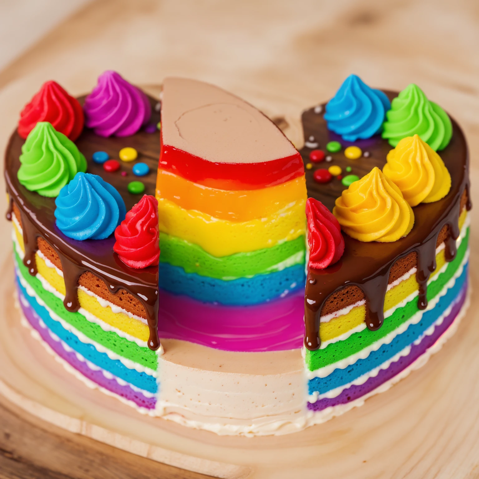 on a wooden table, heart shaped cake, cut in half. Rainbow liquid cream flows out of the cake. drips. радужные drips выливаются, realistic picture, Realistic style, realistic textures, bright lighting, beautiful light source, detailed textures, high quality, A high resolution, macro photography, ultra 4k hd.