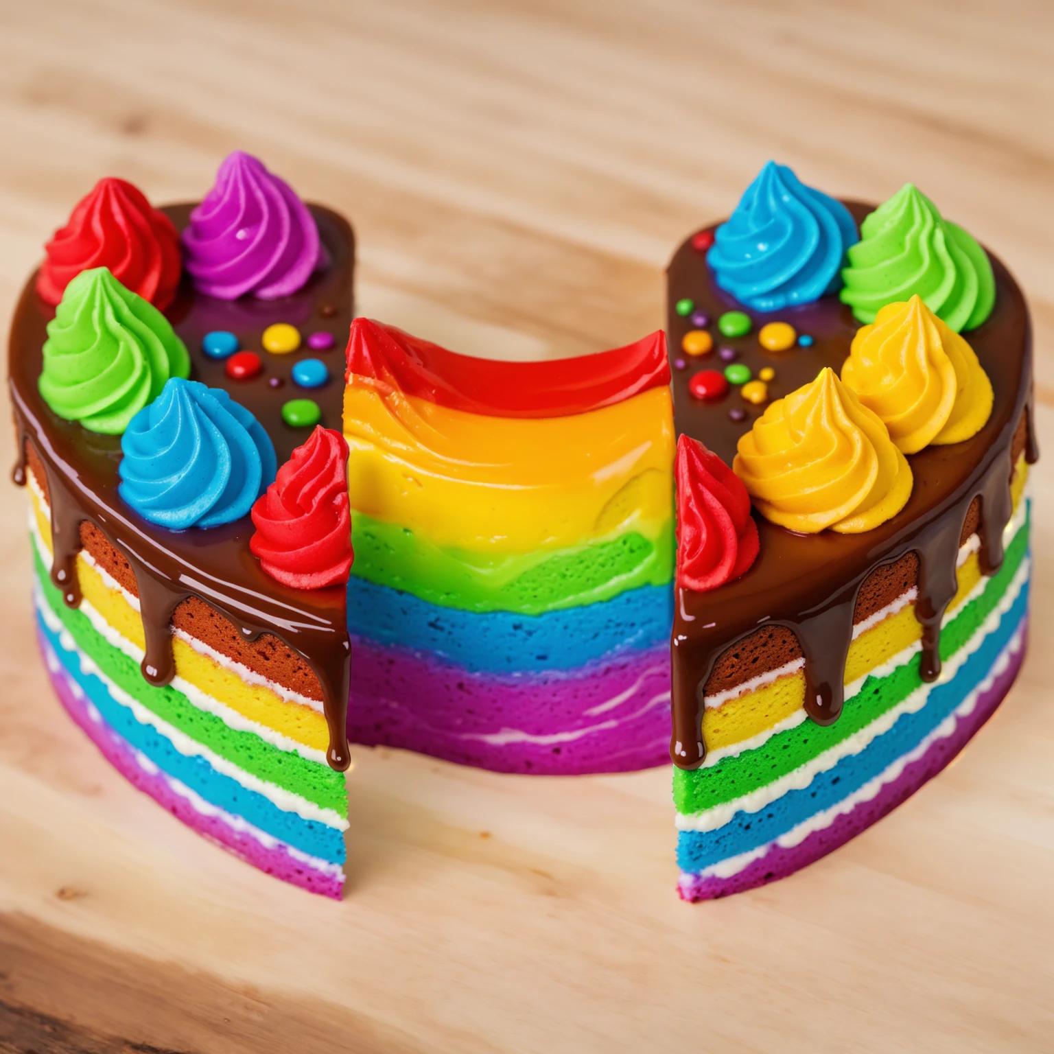 on a wooden table, heart shaped cake, cut in half. Rainbow liquid cream flows out of the cake. drips. радужные drips выливаются, realistic picture, Realistic style, realistic textures, bright lighting, beautiful light source, detailed textures, high quality, A high resolution, macro photography, ultra 4k hd.