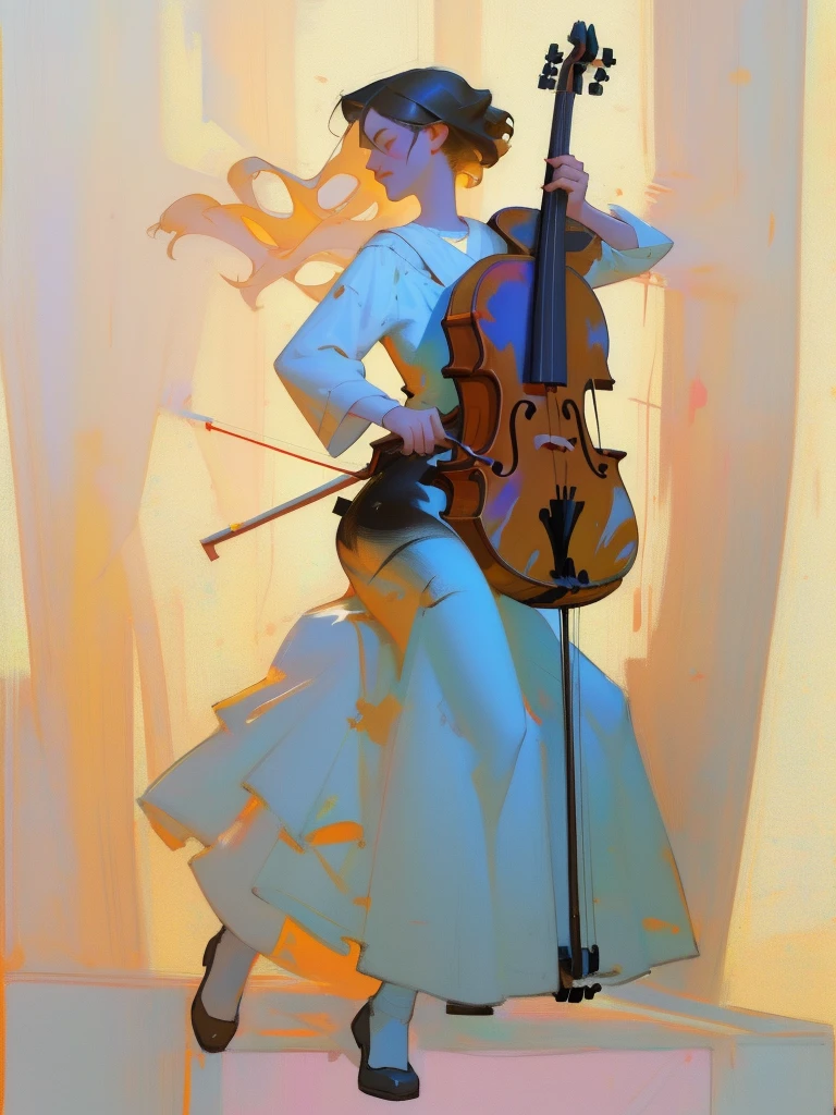 Full body standing painting，(Drawing of girl playing cello), white dresseandy Jürgens (Mandy Jurgens) Realistic paintings created, Perverted, arte figurativa, Detailed depiction of the, realistically, An artwork of