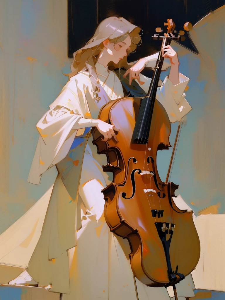 Full body standing painting,(Drawing of girl playing cello), white dresseandy Jürgens (Mandy Jurgens) Realistic paintings created, Perverted, arte figurativa, Detailed depiction of the, realistically, An artwork of