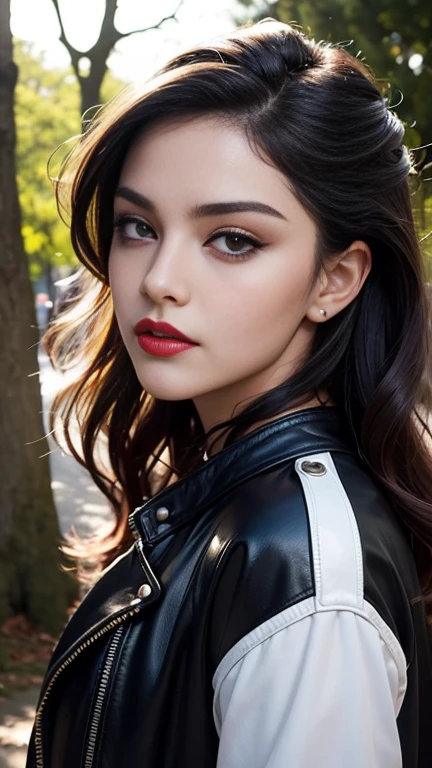 A young singer Madonna 20 years with a confident and contemplative expression leaning against a tree. She sports a cropped, wavy hairstyle and bold makeup featuring prominent red lipstick, which contrasts with her leather jacket, signaling a blend of edge and sophistication. The backdrop is lush and sunlit, providing a soft natural contrast to the model's urban-styled attire, suggesting a serene setting that juxtaposes with her edgy look.