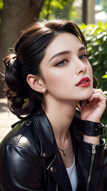 A young singer Madonna 20 years with a confident and contemplative expression leaning against a tree. She sports a cropped, wavy hairstyle and bold makeup featuring prominent red lipstick, which contrasts with her leather jacket, signaling a blend of edge and sophistication. The backdrop is lush and sunlit, providing a soft natural contrast to the model's urban-styled attire, suggesting a serene setting that juxtaposes with her edgy look.