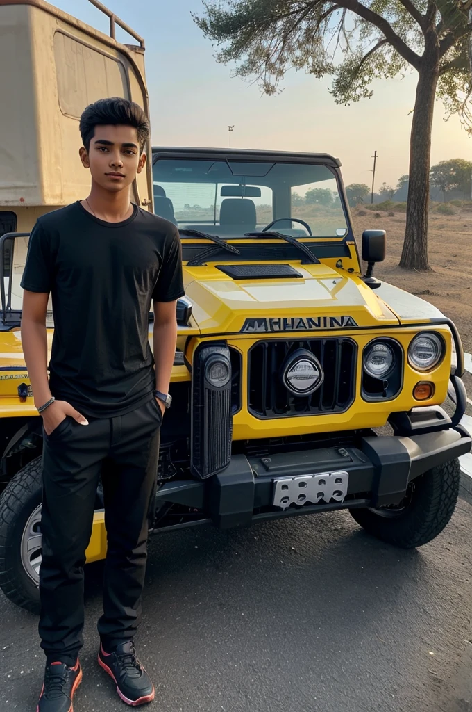 A 18 years old boy was standing in front of Mahindra Thar and giving pose he wared black pant black shirt black shoes in high way road 