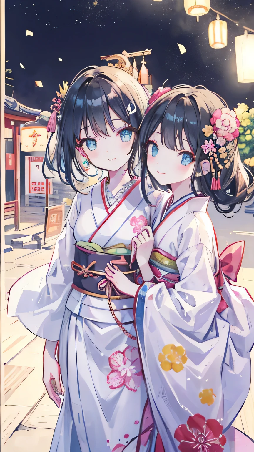 black hair, hairpin, hair bobbles, kanzashi, aqua eyes, smile, bright pupils, smiley, happy, motion lines, three sided view, masterpiece, accurate, super detail, textured skin, high quality, highres, best quality, Two Japanese girls, wearing kimonos, traditional Japanese clothing, walking hand in hand, summer festival in the evening