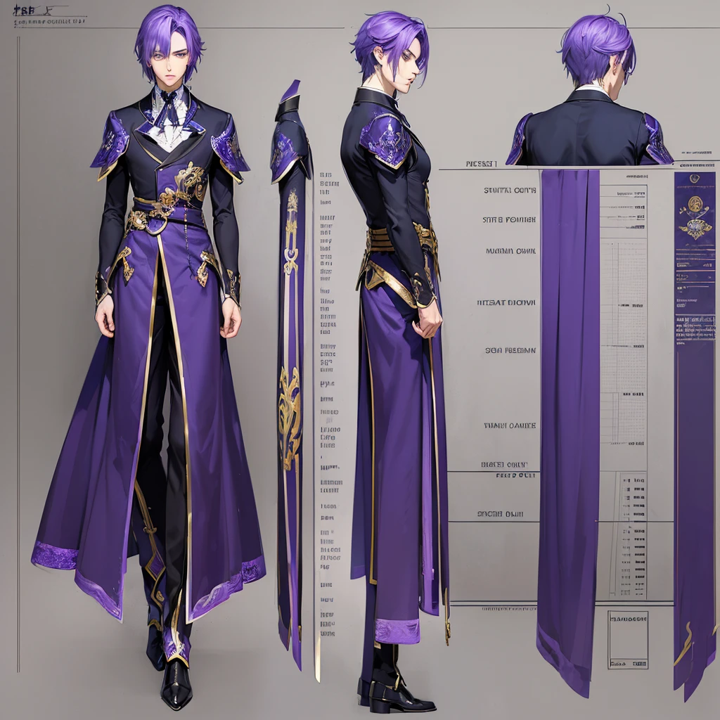 ((masterpiece, Highest quality)), Detailed face,Anime Style, male,Character design sheet, front, Rear view of the torso, Very detailed, depth, ((Character Concept Art)), ((Character design sheet, same characters, front, ~ ~ ~ side)) Purple Hair,blue eyes,magician,Costumes,Gentle expression,Slender,Fantasy