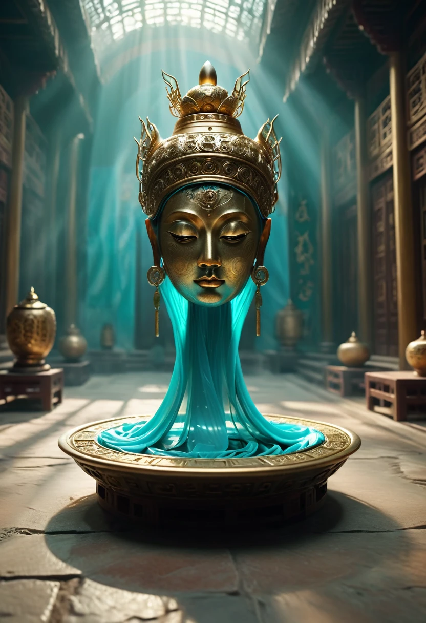 A turquoise lightweight running shoe, suspended on a cultural relic, high definition, 8K,A beautiful photo of a Sanxingdui cultural relic, captured with the essence of time, studio lighting, and post-processing in 8K resolution. The use of Unreal Engine 5 creates stunning details with CGI, SFX, and VFX, providing movie-like shadows and lighting effects. The illuminated environmental setting adds a touch of brilliance, embodying the golden ratio,xianxia