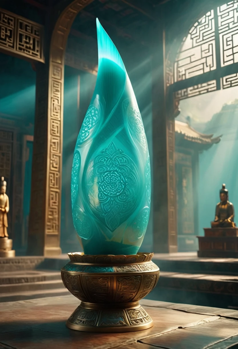 A turquoise lightweight running shoe, suspended on a cultural relic, high definition, 8K,A beautiful photo of a Sanxingdui cultural relic, captured with the essence of time, studio lighting, and post-processing in 8K resolution. The use of Unreal Engine 5 creates stunning details with CGI, SFX, and VFX, providing movie-like shadows and lighting effects. The illuminated environmental setting adds a touch of brilliance, embodying the golden ratio,xianxia