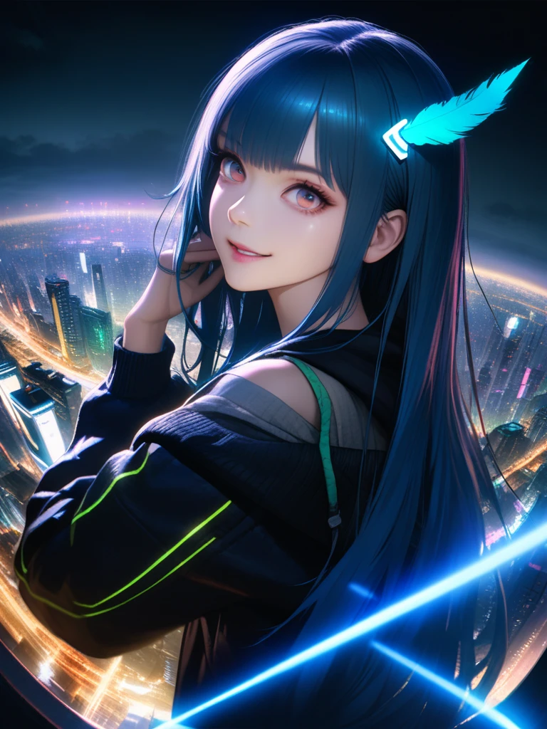 32k, best quality, ultra high res, HDR, UHD, extremely detailed CG, unity 32k wallpaper, Cyberpunk 1 girl flies over stunning cityscapes ,Hoodie,Blue hair, neon color流れ星, Very long hair, off shoulders, feathers hair ornament, neon color, flashes, stunning night sky, Cinematic lighting, Photorealistic, Realistic skin, Fisheye, (32k), smile,