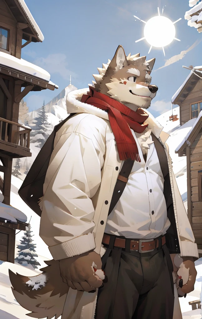 by zixiong, by takemoto arashi, by milkytiger1145, by lindong,
masterpiece, best quality,
1boy, anthro, canid, wolf, half-length portrait, belt,
scarf, smile, intricate coat, (flying snow:1.2), (snowfield), from side,
sky, cloudy sky, building, sunlight, sun
