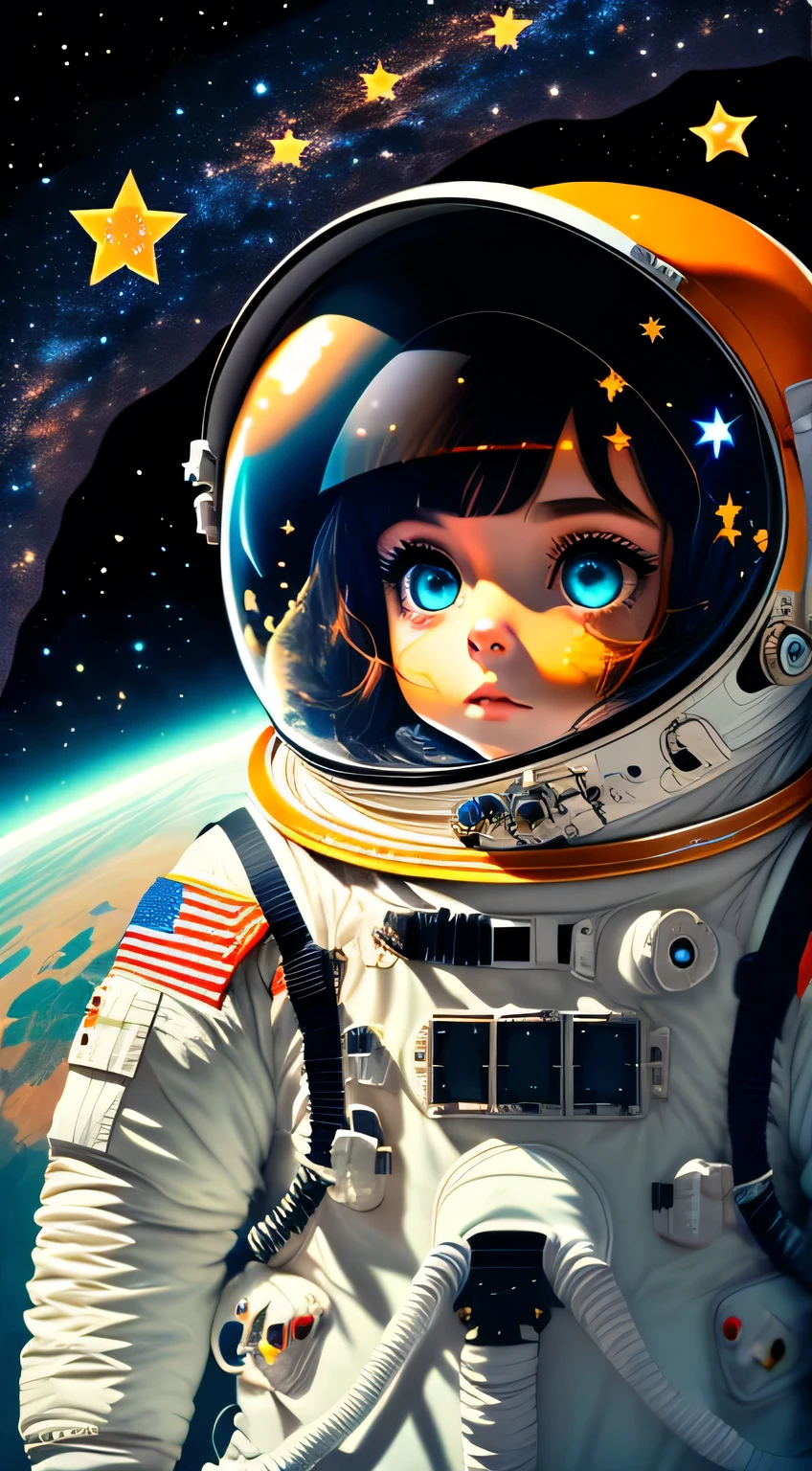 Astronaut girl, Astronaut helmet, In space, planet earth, Mards, stars, Upper body, top to bottom, 1girll, Solo, Floating in space, astronaut suits, Big orange eyes, Black hair, Earthscape, Detailed background, beautiful space, Colorful,