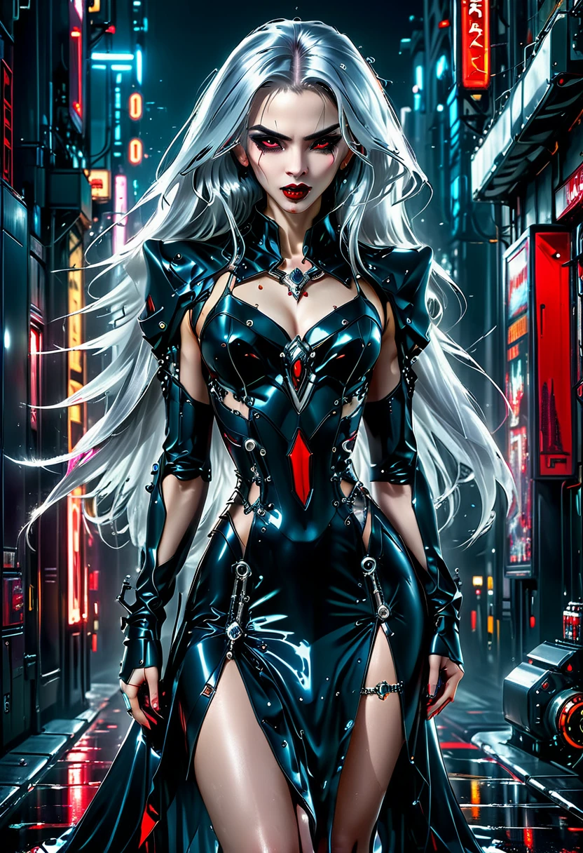 ((a photorealistic glamour shot of an exquisite, glamour mecha female vampire: 1.5)), ((full body: 1.3)), ultra feminine, pale face, silver hair, long vibrant shiny hair, glamorous hair,  red eyes, miniatures mechanical , deep penetrating eyes, red lips, lustful lips, ((two visible vampiric fangs: 1.5), drops of blood dripping from the mouth, ((cyberpunk style: 1.5)), she wears (blue elegant glamour dress, with small delicate mechanical parts: 1.4), digital parts,  intricate details, the dress is studded with diamonds, tight suit, dynamic color, high heels, cyberpunk street at night background, (highest quality:1.2, Very detailed, up to date, Vibrant, Ultra-high resolution, High Contrast, masterpiece:1.2, highest quality, Best aesthetics), best details, best quality, highres, ultra wide angle, 16k, [ultra detailed], masterpiece, best quality, (extremely detailed), Genetically modified..., Cinematic Hollywood Film, nijimecha, liquid dress