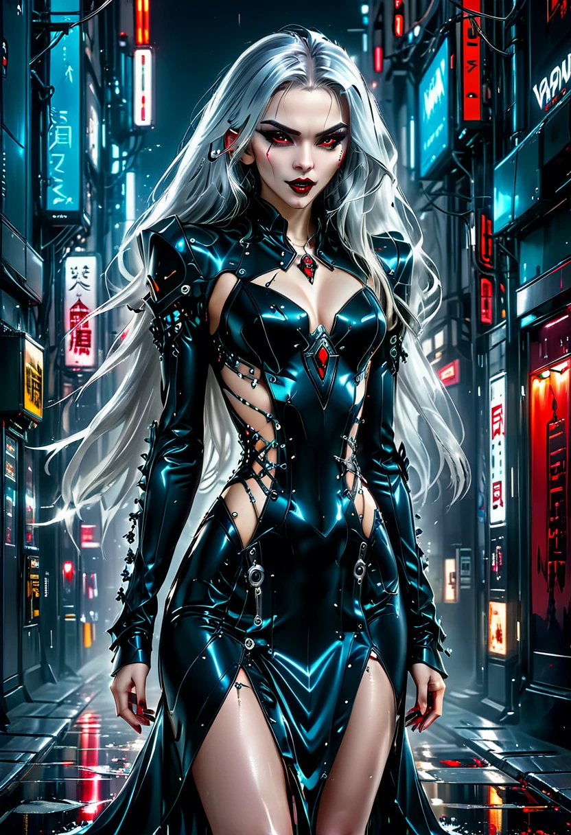 ((a photorealistic glamour shot of an exquisite, glamour mecha female vampire: 1.5)), ((full body: 1.3)), ultra feminine, pale face, silver hair, long vibrant shiny hair, glamorous hair,  red eyes, miniatures mechanical , deep penetrating eyes, red lips, lustful lips, ((two visible vampiric fangs: 1.5), drops of blood dripping from the mouth, ((cyberpunk style: 1.5)), she wears (blue elegant glamour dress, with small delicate mechanical parts: 1.4), digital parts,  intricate details, the dress is studded with diamonds, tight suit, dynamic color, high heels, cyberpunk street at night background, (highest quality:1.2, Very detailed, up to date, Vibrant, Ultra-high resolution, High Contrast, masterpiece:1.2, highest quality, Best aesthetics), best details, best quality, highres, ultra wide angle, 16k, [ultra detailed], masterpiece, best quality, (extremely detailed), Genetically modified..., Cinematic Hollywood Film, nijimecha, liquid dress