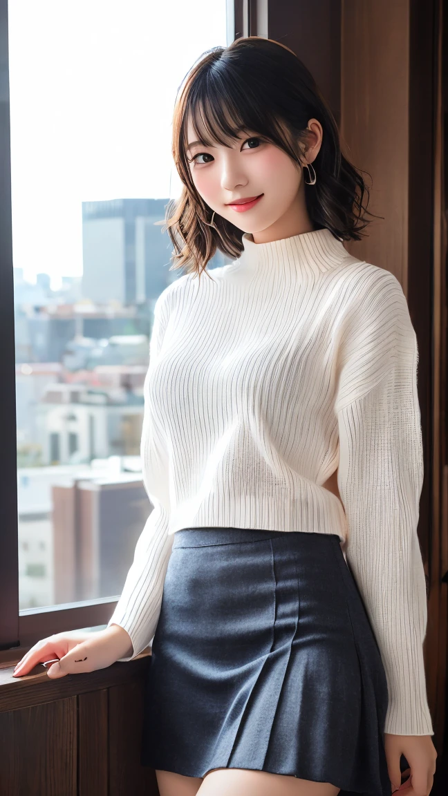 Highest quality、8k wallpaper、Reality:1.4、Photographed by a professional photographer、Cinema Lighting、View your viewers、background:Night City、1 beautiful girl、Japanese Idol、30 years old、Beautifully detailed eyes、Detailed face、Beautiful Skin、Slender、Slim waist、Thin legs、Lip balm、Blonde: 1.8、The light is shining on her hair、Fancy hairstyle:1.8、Asymmetrical bangs、Knitted sweater 、Long skirt、smile:1.8、Seductive pose