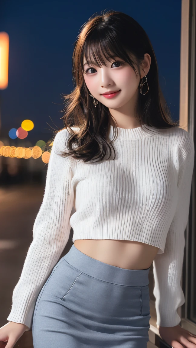 Highest quality、8k wallpaper、Reality:1.4、Photographed by a professional photographer、Cinema Lighting、View your viewers、background:Night City、1 beautiful girl、Japanese Idol、30 years old、Beautifully detailed eyes、Detailed face、Beautiful Skin、Slender、Slim waist、Thin legs、Lip balm、Blonde: 1.8、The light is shining on her hair、Fancy hairstyle:1.8、Asymmetrical bangs、Knitted sweater 、Long skirt、smile:1.8、Seductive pose