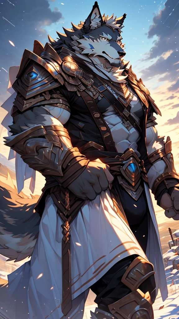 battle，fight，white armor，long blue sword in his hand，elder，gentle and soft，ice magic power，long white beard，long braided hair，solo, kemono, (old grey wolf), anthro (old wolf), anthro, male, anthro male (old wolf), anthro (old wolf), tail,muscles, handsome, general, loose cloth ,bulge, big abs, northern area,cloudy sky，wind and snowstorm,perfect lighting, (light particles),(best quality),(masterpiece),(ultra detailed),sharp focus, light particles, strong, serious,rippled muscles, ultradetailed face, ultradetailed eyes, looking at viewer, good looking, bareness, ((detailed face)),a lot of scars,the elder，elder face