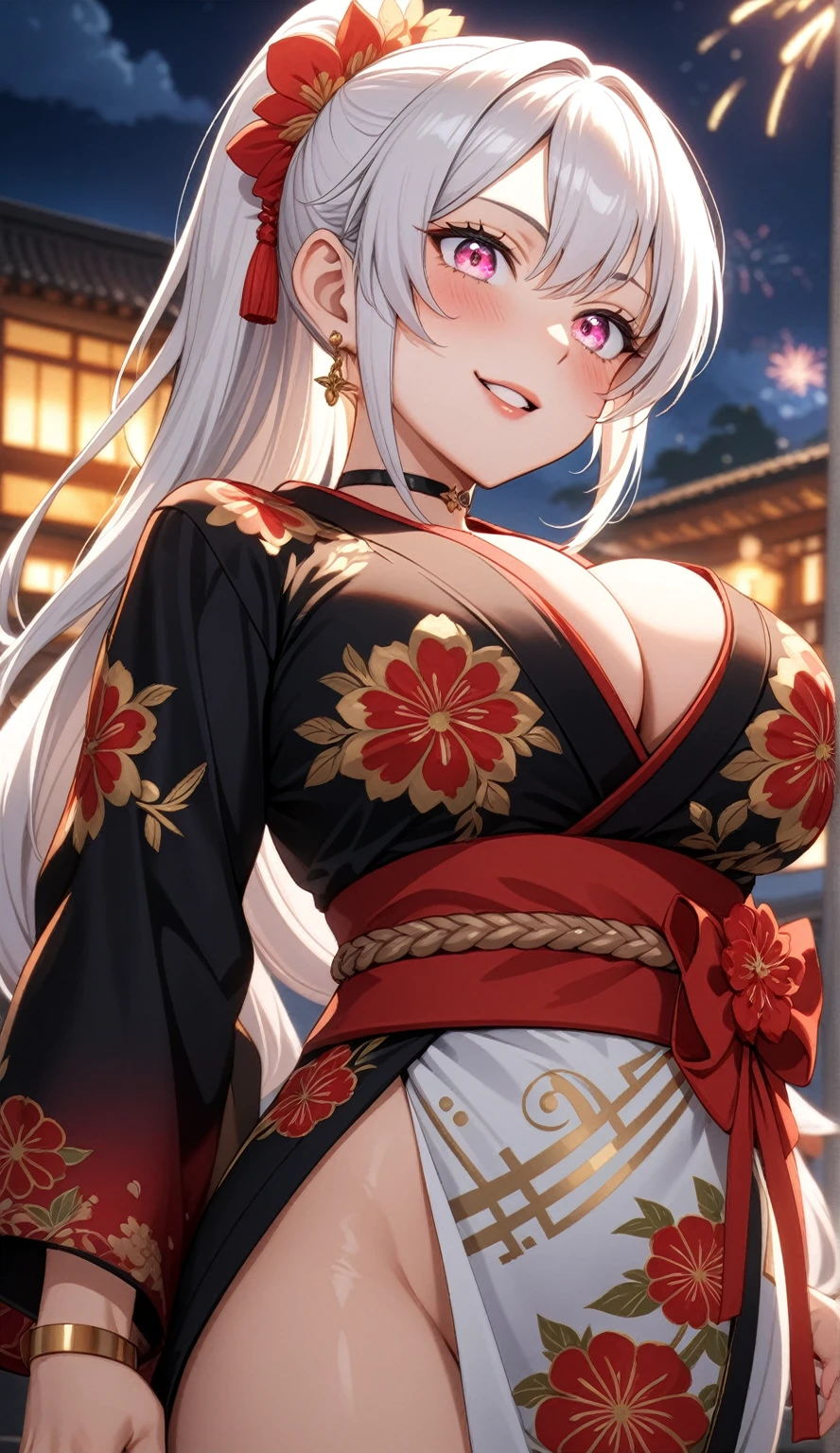 ((One personの女性)), Beautiful Face,(Wink:1.9)),((Touch your lips)), ((laugh)),( (head tilt), Laugh with your mouth wide open,((Bright red cheeks:1.4)),Shiny red lips,night,rooftop,You can see the ocean, firework,Laughing with your mouth open,Glossy pink lips, lighting,((Anime style background)),masterpiece, Highest quality, so beautiful,up to date, Complex details, (Pink long nails), (4fingers and 1thumbs), (ring),(bracelet),(choker),AI-generated, Complex,High resolution, Highest quality, super high quality,3D Images、3D Images,One person,Long white hair,High Ponytail,(blue eyes),Anime woman posing for a photo, ((Fine grain、Silvery white colorful eyes、Shining Eyes:1.4)),(Squint your eyes:1.1),a hyperRealistic , hyperRealistic , Realistic,Anime woman with long white hair, Smooth anime CG art, A woman in a colorful kimono with gold embroidery, (Black long sleeve kimono),Red floral pattern,Long flower hair ornament,Earrings,Mature Body,(Big Breasts:1.1),Tall,Abdominal muscles,Narrow waist,(Zoom up to face:1.7),Shooting from diagonally below