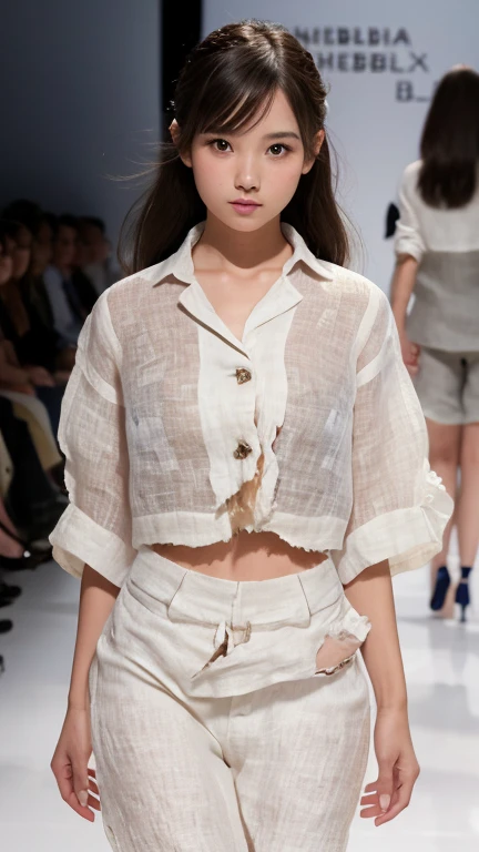 A girl walking down the runway at a fashion show, thigh, (Torn linen clothes:1.9), (High resolution:1.3), (16K, Realistic, RAW Photos, Best image quality: 1.4), (One Girl), Beautiful Face, (Lively Faces), Beautiful hairstyle, Realistic eyes, Beautiful and exquisite, (Realistic Skin), Beautiful skins, charm, 超High resolution, Surreal, High detail, Golden Ratio, Highly detailed cute girl,(20-year-old), Nipples, Belly button