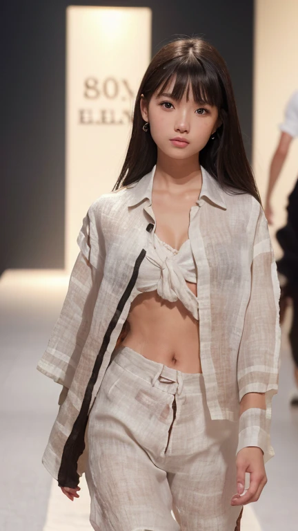 A girl walking down the runway at a fashion show, thigh, (Torn linen clothes:1.9), (High resolution:1.3), (16K, Realistic, RAW Photos, Best image quality: 1.4), (One Girl), Beautiful Face, (Lively Faces), Beautiful hairstyle, Realistic eyes, Beautiful and exquisite, (Realistic Skin), Beautiful skins, charm, 超High resolution, Surreal, High detail, Golden Ratio, Highly detailed cute girl,(20-year-old), Nipples, Belly button