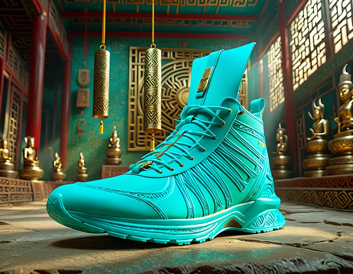 A turquoise lightweight running shoe, suspended on a cultural relic, high definition, 8K,A beautiful photo of a Sanxingdui cultural relic, captured with the essence of time, studio lighting, and post-processing in 8K resolution. The use of Unreal Engine 5 creates stunning details with CGI, SFX, and VFX, providing movie-like shadows and lighting effects. The illuminated environmental setting adds a touch of brilliance, embodying the golden ratio,xianxia