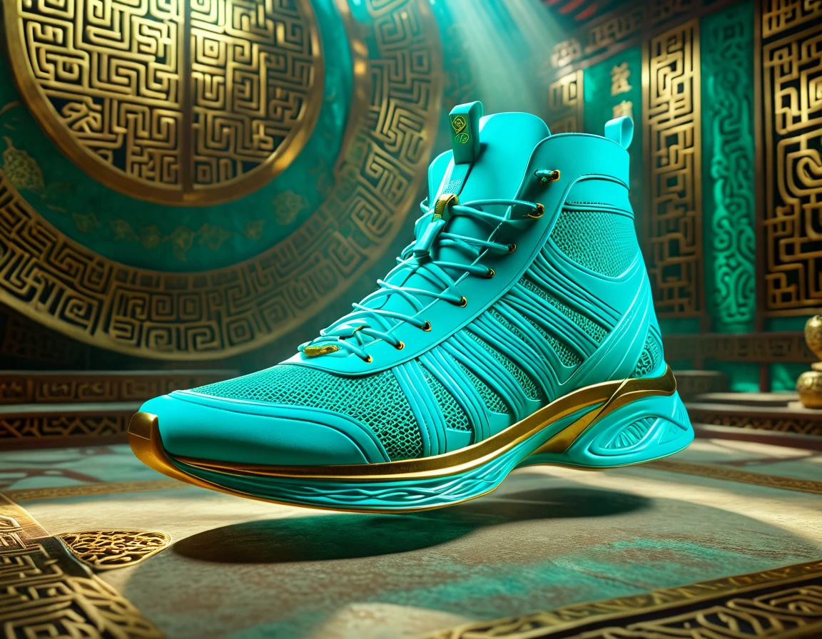 A turquoise lightweight running shoe, suspended on a cultural relic, high definition, 8K,A beautiful photo of a Sanxingdui cultural relic, captured with the essence of time, studio lighting, and post-processing in 8K resolution. The use of Unreal Engine 5 creates stunning details with CGI, SFX, and VFX, providing movie-like shadows and lighting effects. The illuminated environmental setting adds a touch of brilliance, embodying the golden ratio,xianxia