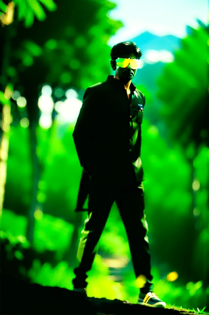 imagine prompt: 3D, personality: Raju standing at the edge of the village with a determined expression on his face, looking towards the dense forest in the distance. The backdrop consists of small houses and villagers going about their daily activities, of Raju's quest. Set the scene during sunset to create a warm and adventurous atmosphere. Unreal engine, hyper real --q 2 --v 5.2 --ar 16:9