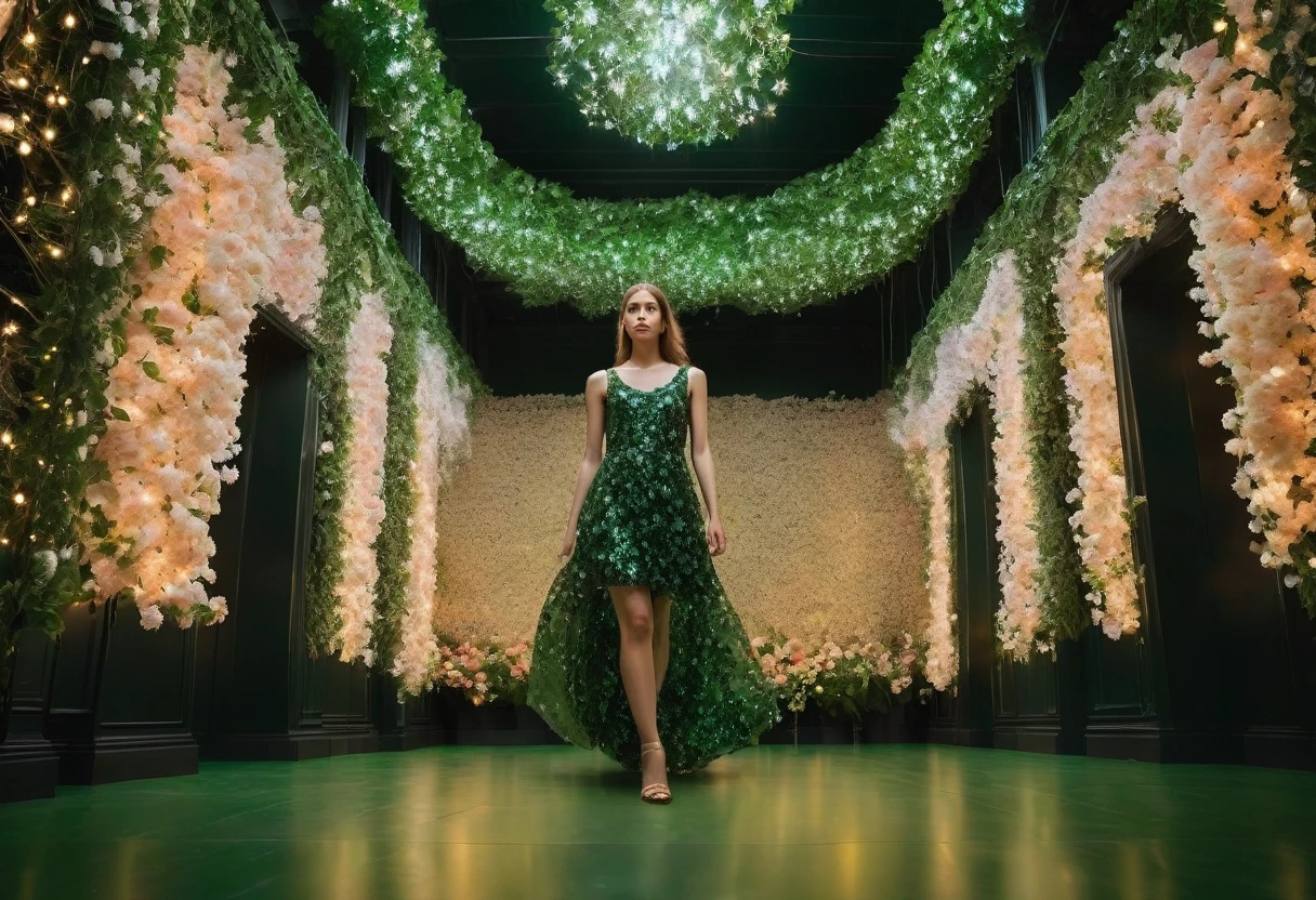extreme low angle photo taken from below of a young woman with sleeveless dress, standing inside a room full with flowers and green leaves and fairy lights on its walls and ceilings. The floor and walls are made from mirrors, creating ethereal reflections.
