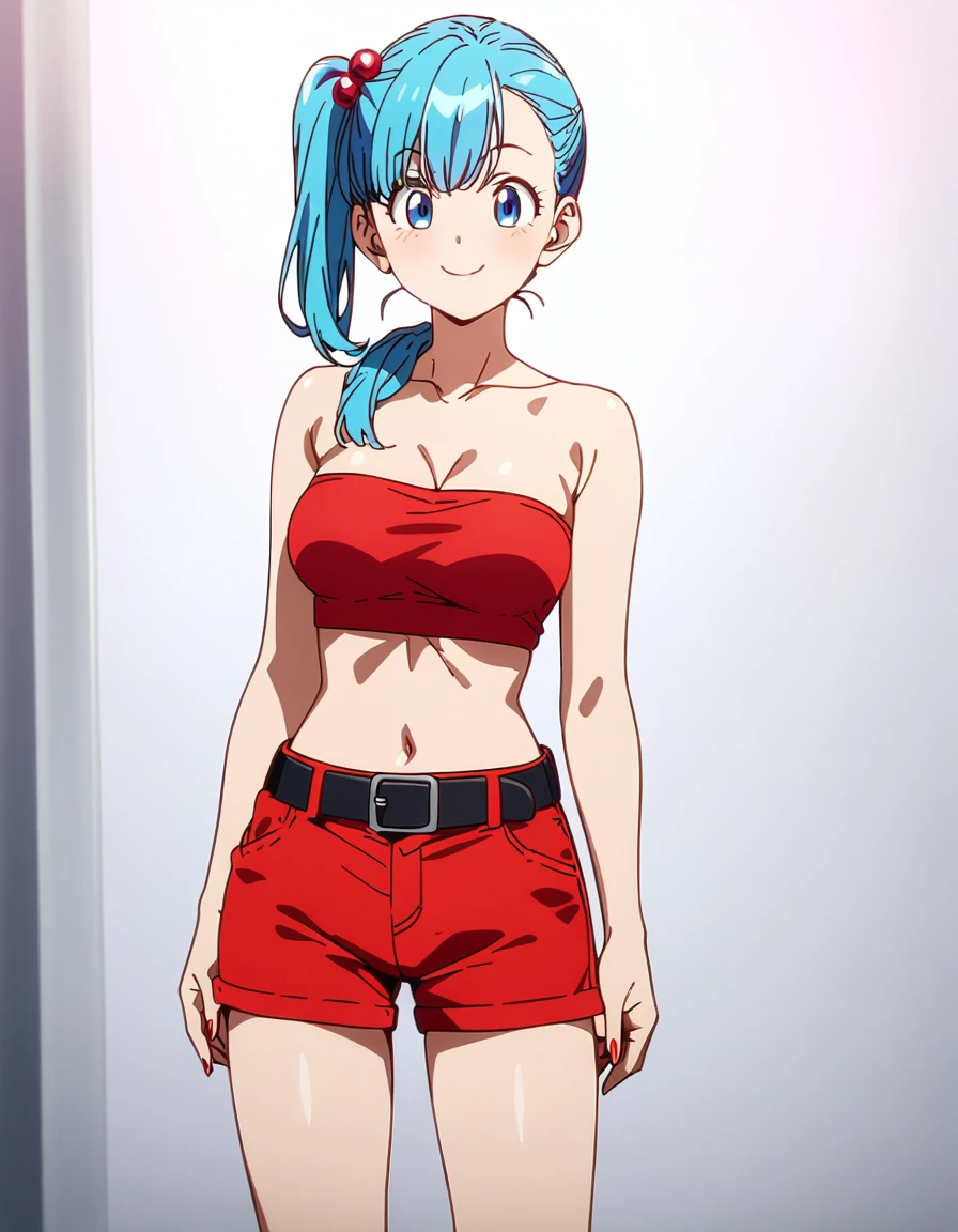 score_9, score_8_up, score_7_up, BREAK from front:1,straight-on,(standing),arms behing back,1girl,bulma, blue eyes, blue hair,bare shoulders, belt, cleavage, hair bobbles, hair ornament, hair over shoulder,medium breast,midriff, navel, one side up, red tube top, shorts,ass, side ponytail, (strapless, tube top,under_boob:1),ass,,looking at viewer,facial expression,smile,masterpiece, best quality,  detailed body, highly detailed, anime coloring.anime,[anime_screencap:0.8] , highly detailed,