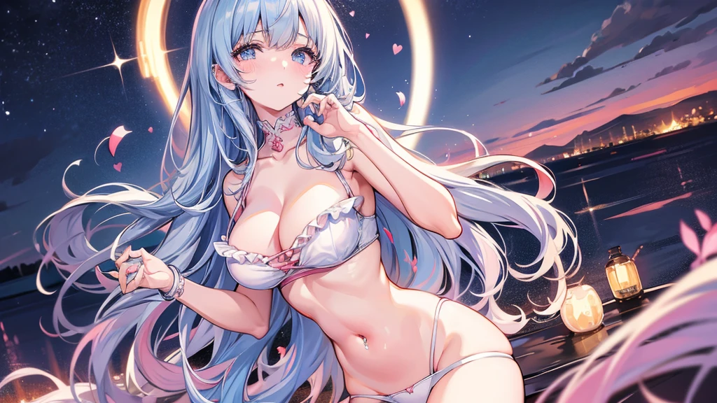 {{Delicate fingers}} ,Kyoto animation style, world masterpiece, upper body, on side, focus on eyes, Exposing cleavage, beautiful detailed, Perfect female body, 1 girls, 20 years old, very long hair, messy hair style, Air bangs, baby blue hair, colored inner hair, gemological hair, extremely beautiful detailed anime face and eyes, heart , delicate hands, medium breast, Bare navel, barefoot, peach pink pupils, detailed skin, Frill, piercing, underwear, landscapes, night, meteor, sparkle, wallpaper 8k CG, the best quality , {{{Delicate eyes}}} , delicate hands