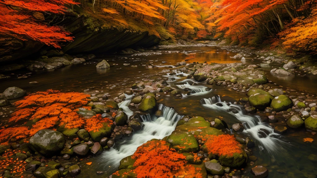 (Amazing autumn foliage), (Oirase Gorge), (Aomori, Japan), (clear flowing river), (small waterfalls), (vibrant red, yellow, and orange leaves), (moss-covered rocks), (sunlight filtering through trees), (tranquil atmosphere), (sparkling water reflections), (dense forest), (birdsong), (wooden walkways), (nature immersion), (picturesque scenery)