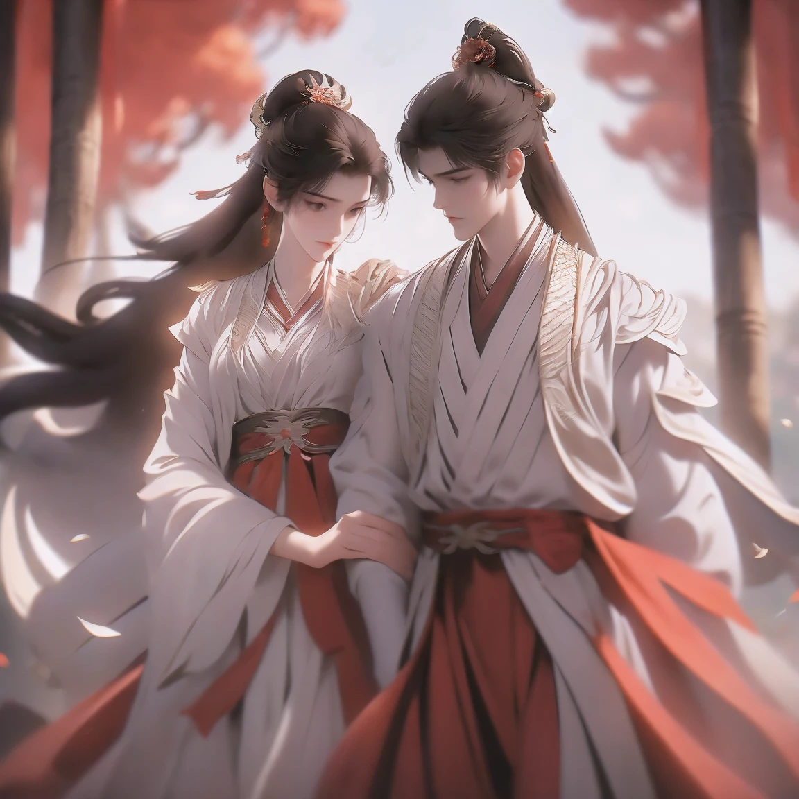 A handsome guy and a beautiful girl are leaning against each other，quiet and peaceful，faint smile，Chinese style clothing and accessories，black hair，perfect face，Chinese architecture