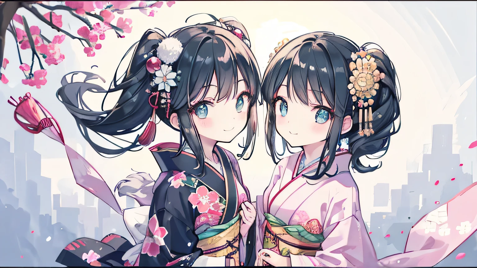 black hair, hairpin, hair bobbles, kanzashi, aqua eyes, smile, bright pupils, smiley, happy, motion lines, three sided view, masterpiece, accurate, super detail, textured skin, high quality, highres, best quality, Two Japanese girls, wearing kimonos, traditional Japanese clothing, walking hand in hand, summer festival in the evening