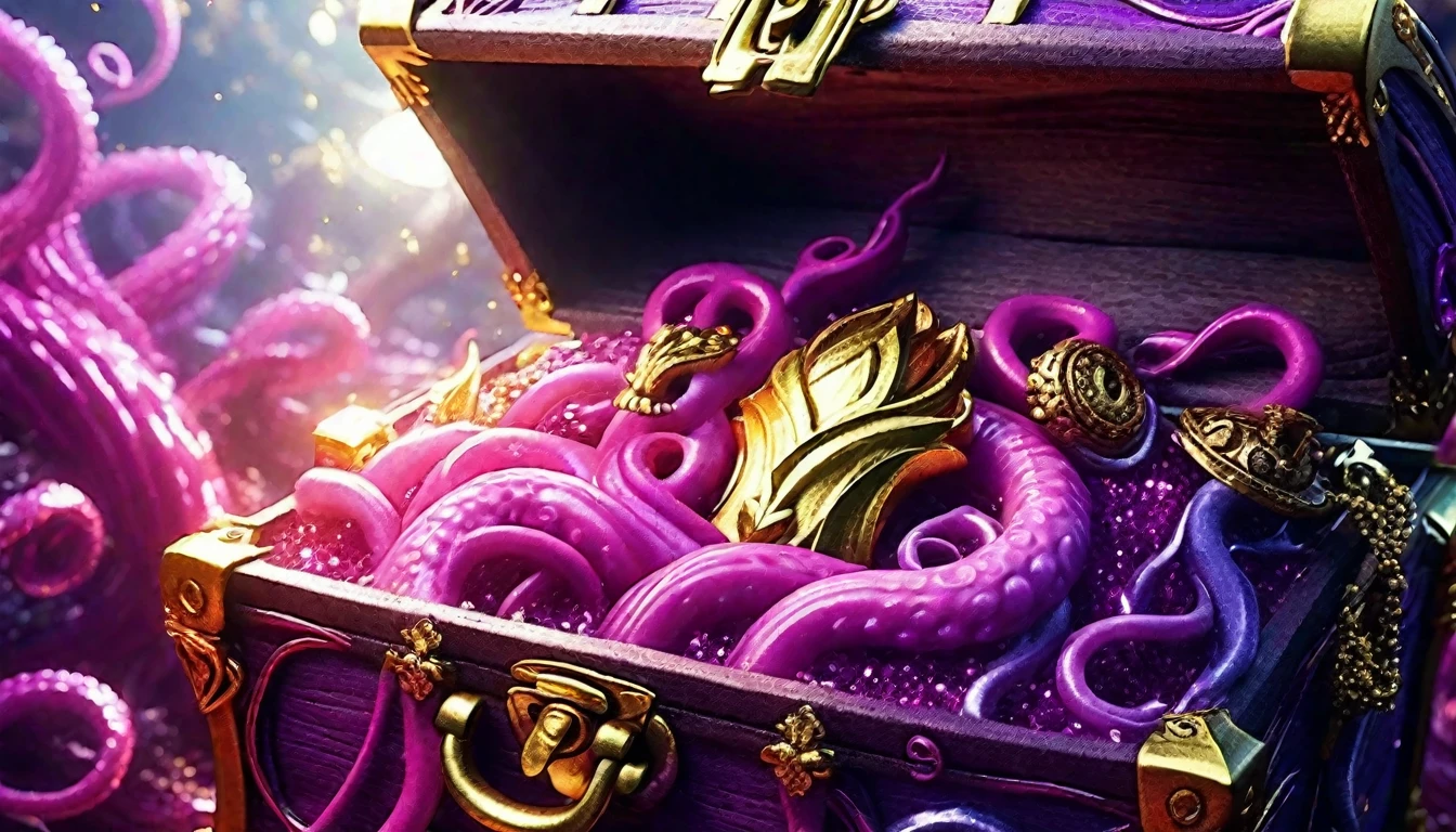 pink and purple tentacles extend from inside a treasure chest filled with gold and silver treasures.