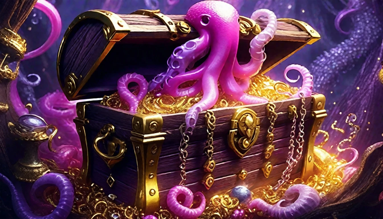 pink and purple tentacles extend from inside a treasure chest filled with gold and silver treasures.