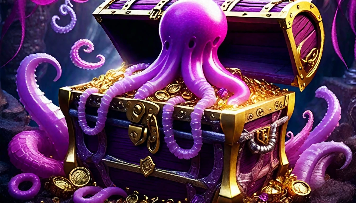 pink and purple tentacles extend from inside a treasure chest filled with gold and silver treasures.