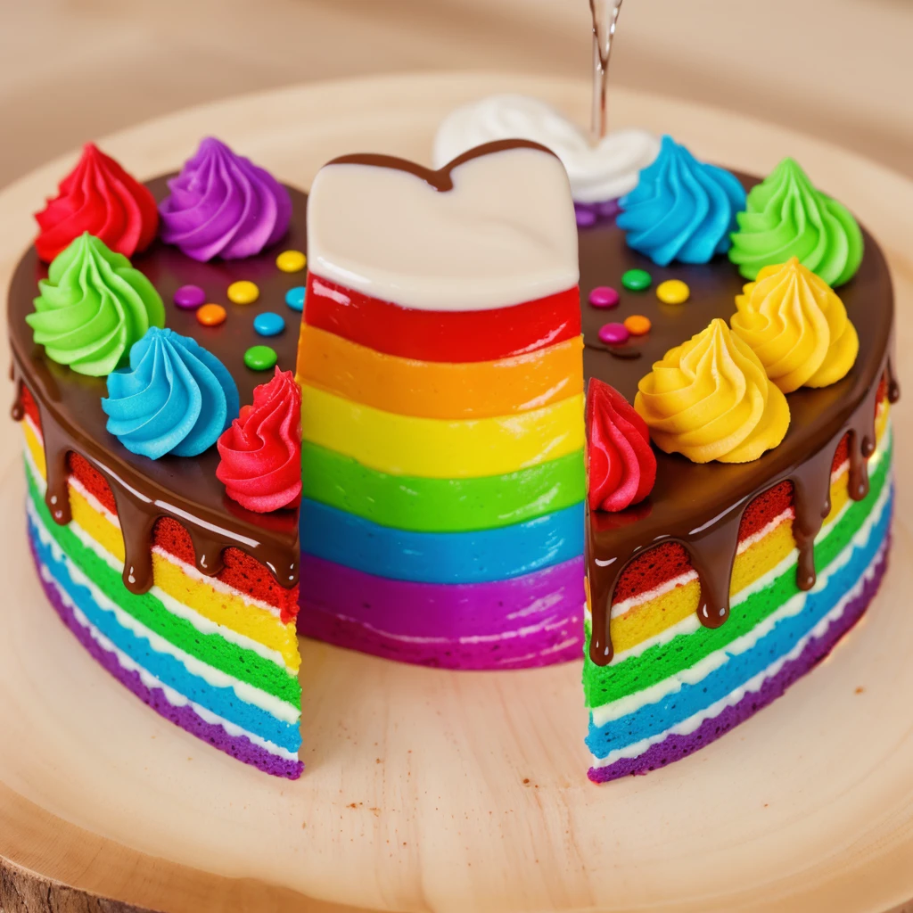 on a wooden table, heart shaped cake, cut in half. Rainbow liquid cream flows out of the cake. drips. радужные drips выливаются, realistic picture, Realistic style, realistic textures, bright lighting, beautiful light source, detailed textures, high quality, A high resolution, macro photography, ultra 4k hd.