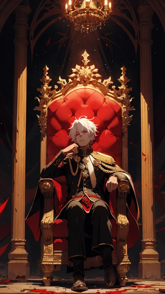white haired, A red-eyed prince sits on a majestic throne inside an abandoned palace. The environment around it is dark and gloomy, with evil red eyes in the walls and cobwebs hanging there. The throne is richly decorated, with details of gold and precious stones, and covered with a dusty cloth. The protagonist is dressed in royal clothes, when he looks at the horizon with glowing red eyes, Masterpiece, Best Quality, Ultra-detailed, illustartion, concept art in 8K resolution, Fantasy art, epic art, concept art wallpaper 4k, Deep color, natural lighting