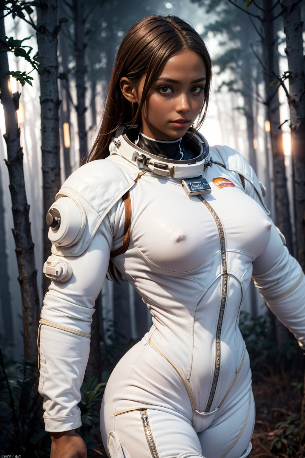 (Muscular:2), (thick thighs:1), (large round breasts:1), (large muscular chest and shoulders:1.4), FEMALE, brown hair, long brown hair, (big smile:0), (wearing a tight white spacesuit:1.5), looking at viewer, (three quarter view:1.2), upper body view, (smoky forest at night:1.5), dark lighting, detailed skin, detailed eyes, (dark skin:1.4), (very thin waist:1.3), (huge round muscles:1.5),