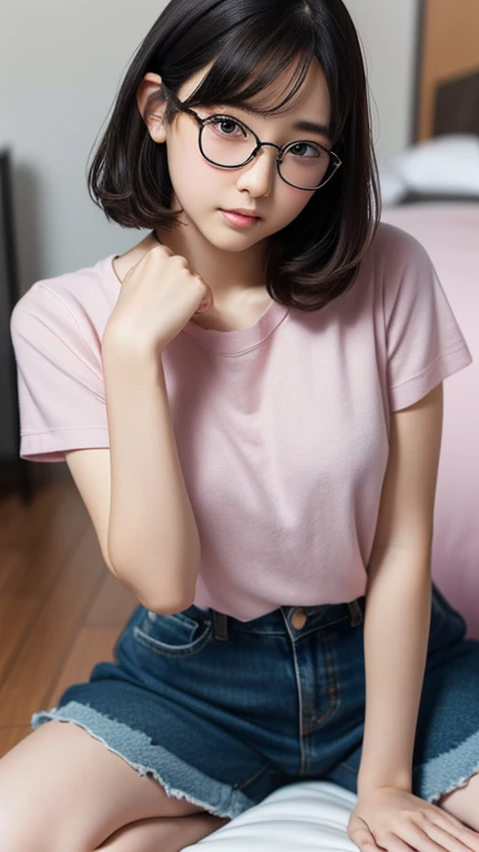 (8K、Hyper HD)On pink sheets、transparent bottom、Spread your legs、short hair, Black Hair, Curly Hair、View your viewers,high school girl,Leaning forward,(Random cute clothes),(Random Animation Pose),(Thin type),(Random hairstyle),(Best image quality, (8K), Ultra-realistic, 最high quality, high quality, High resolution, high qualityの質感, Attention to detail, Beautiful details, Fine details, Highly detailed CG, Detailed Texture, Realistic facial expressions, masterpiece, in front),(Wear glasses:1.1)
