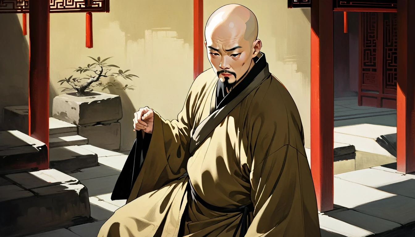 a middle-aged Chinese ancient monk named Ken, square face, olive skin, black eyes, bald head, goatee, forehead scar, wearing traditional Chinese ochre cassock, black cloth shoes, deciding to retreat temporarily, solemn expression, detailed portrait, chiaroscuro lighting, classical Chinese painting style, dramatic shadows, cinematic composition, high contrast, muted color palette