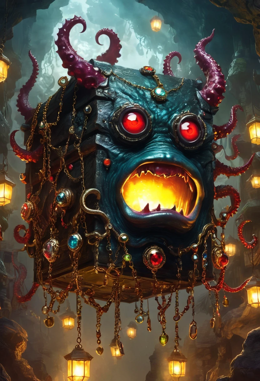 a dark, eerie, strange jewelry-filled chest monster - cyclops, Sharp Fangs, ugly, long tentacles, scattered jewels, greedy，cube