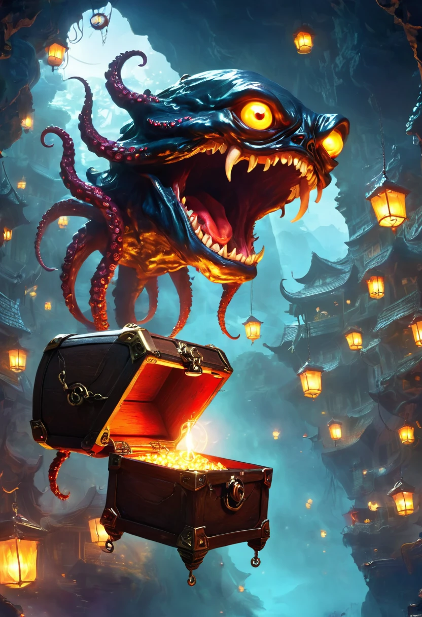 a dark, eerie, strange jewelry-filled chest monster - cyclops, Sharp Fangs, ugly, long tentacles, scattered jewels, greedy，cube