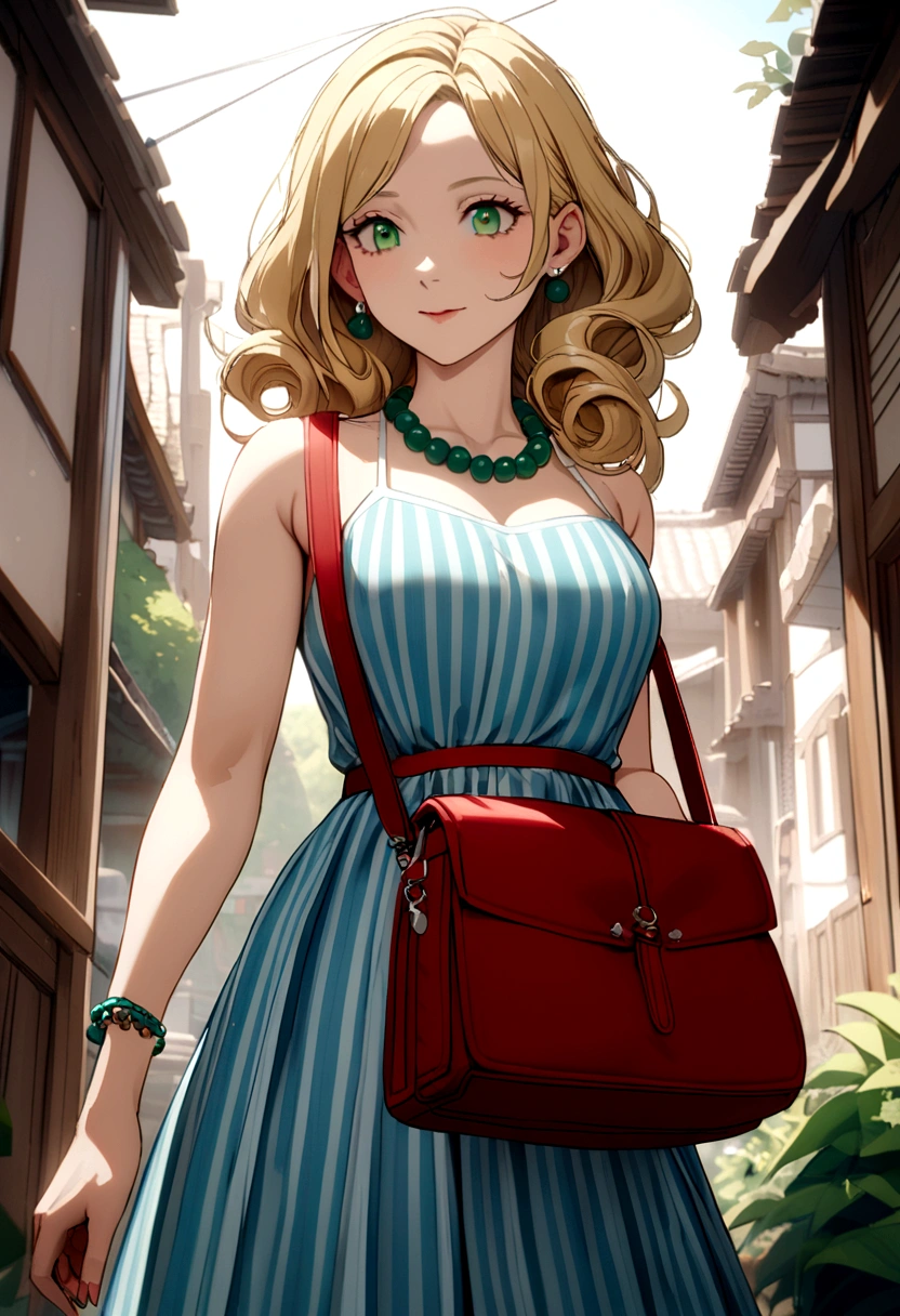 40 year old woman, curly blonde hair to waist, green eyes, blue and white striped spaghetti strap dress, white earrings, red bag, jade bracelet, red bead necklace