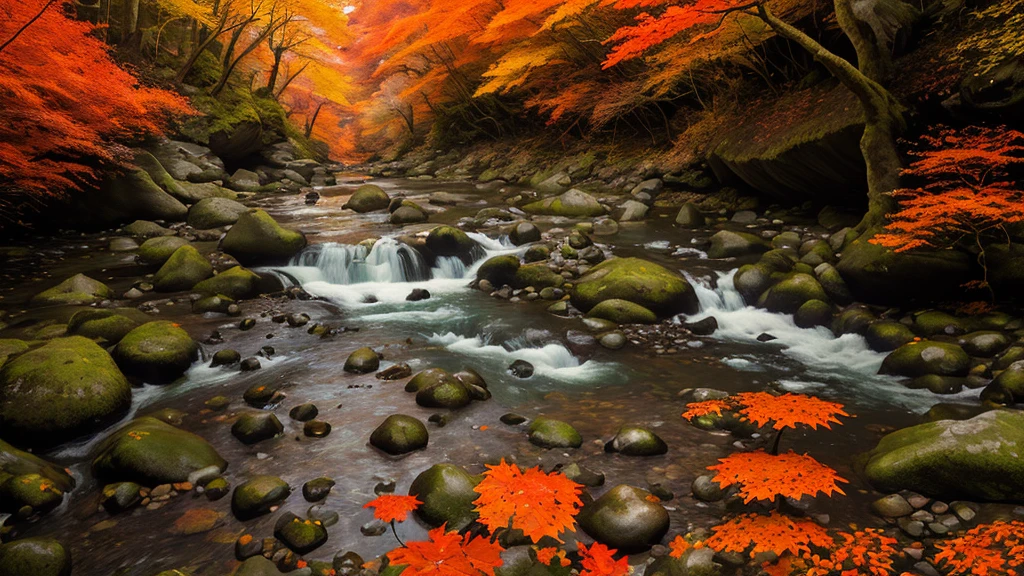 (Amazing autumn foliage), (Oirase Gorge), (Aomori, Japan), (clear flowing river), (small waterfalls), (vibrant red, yellow, and orange leaves), (moss-covered rocks), (sunlight filtering through trees), (tranquil atmosphere), (sparkling water reflections), (dense forest), (birdsong), (wooden walkways), (nature immersion), (picturesque scenery)