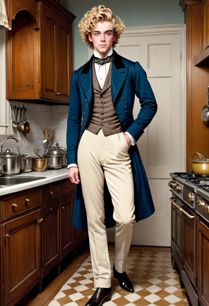 Full body shot in front view, young handsome Victorian dandy with straight blonde curly hair standing in an kitchen coloured drawing in the style of 1871 Punch magazine illustrations. In the style of Charles Dana Gibson