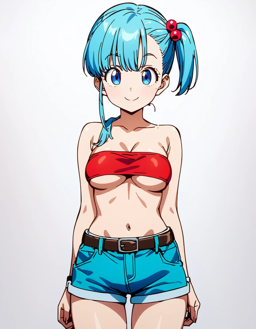 score_9, score_8_up, score_7_up, BREAK from front:1,straight-on,(standing),arms behing back,1girl,bulma, blue eyes, blue hair,bare shoulders, belt, cleavage, hair bobbles, hair ornament, hair over shoulder,medium breast,midriff, navel, one side up, red tube top, shorts,ass, side ponytail, (strapless, tube top,under_boob:1),ass,,looking at viewer,facial expression,smile,masterpiece, best quality,  detailed body, highly detailed, anime coloring.anime,[anime_screencap:0.8] , highly detailed,
