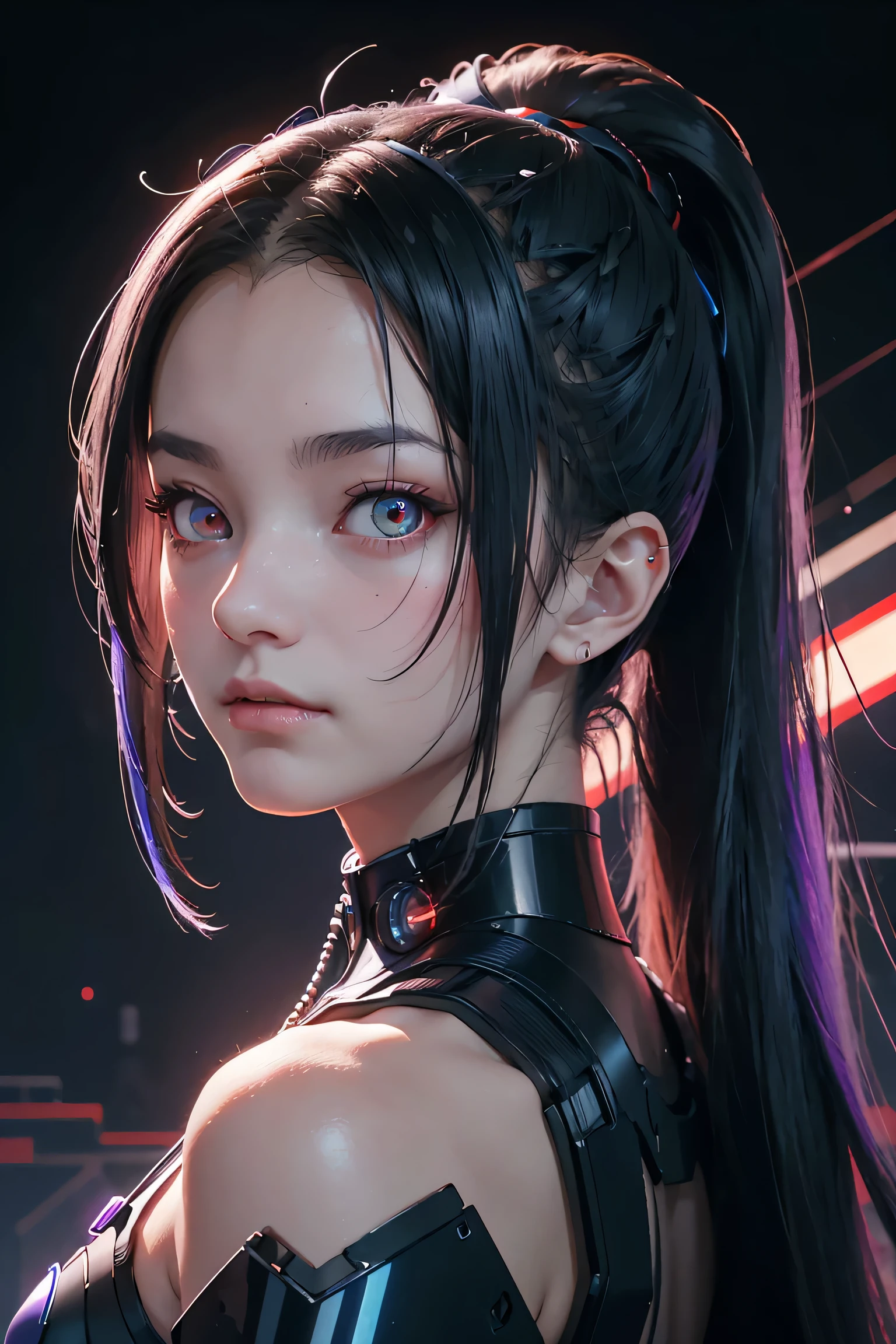 tmasterpiece,Best quality at best,A high resolution,8K,(portrait),(Close up of avatar),(RAW photogr),real photograph,digital photography,(cyberpunk queen),20 year old girl,long ponytail hairstyle,By bangs,(Black and blue gradient hair),(Glowing red eyes),Devil Eyes,Serious and charming,Mechanical body,Green glowing electronic components,Red wires and tubes connect the body,Complex purple electronic texture,Weird technology symbols,Black round forehead symbol,Luxurious mechanical crown,Keep your mouth shut,(Mechanical Woman),Photo pose,cyber punk perssonage,Future Style,gray world background,oc render reflection texture