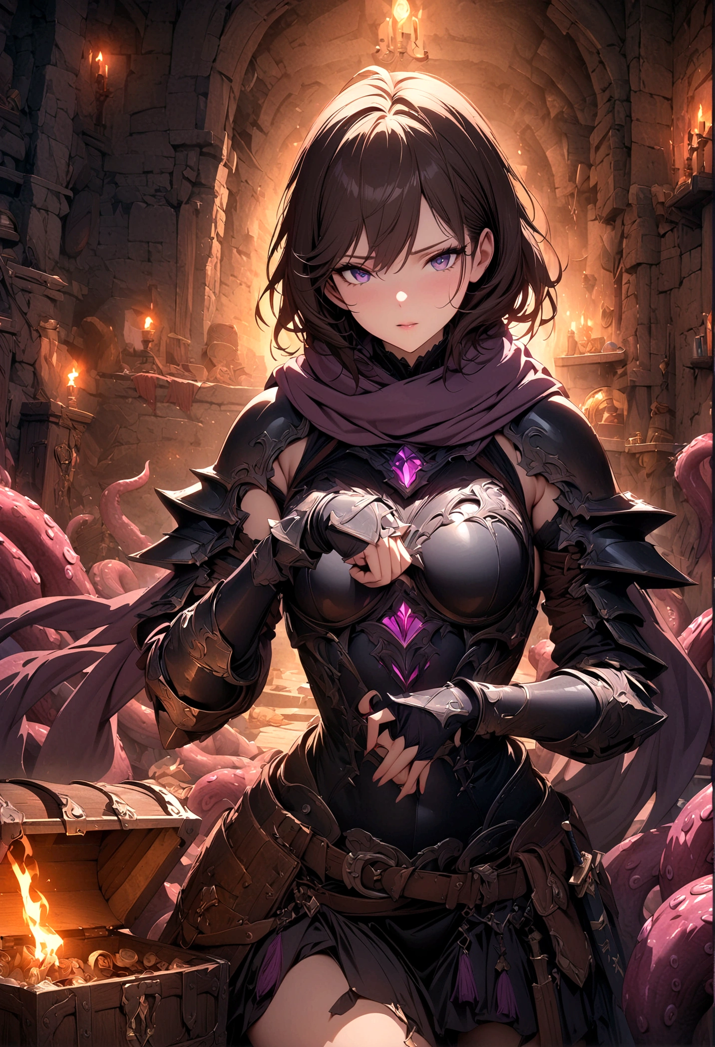 ((Masterpiece, top quality, high resolution)), ((highly detailed CG unified 8K wallpaper)), Small room in dungeon, treasure chest illuminated by torches, female warrior fighting with tentacles of treasure chest, sword in hand, wearing armor and scarf,