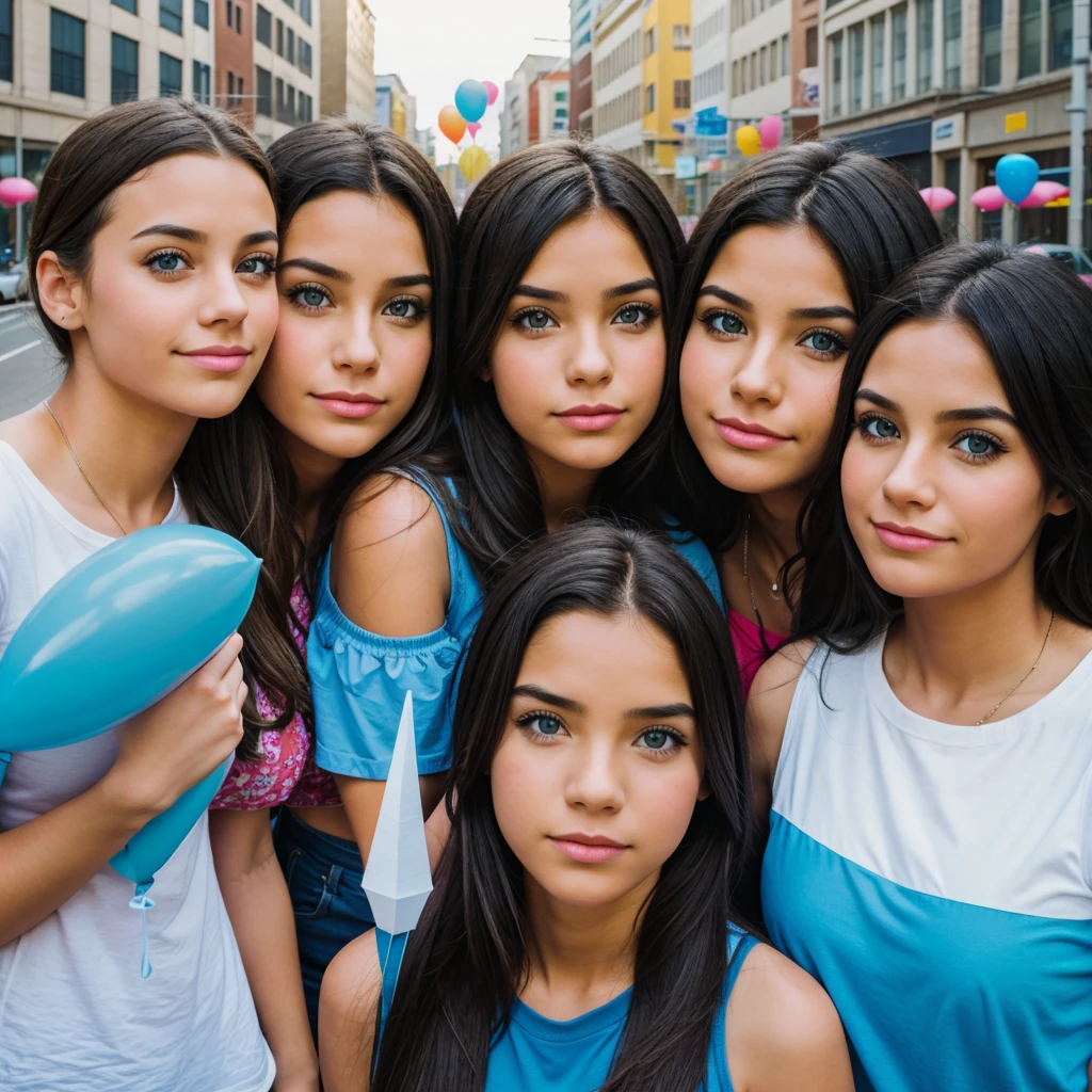 5Friends, in a city, realistic eyes,middle a girl, balloons, paper rocket