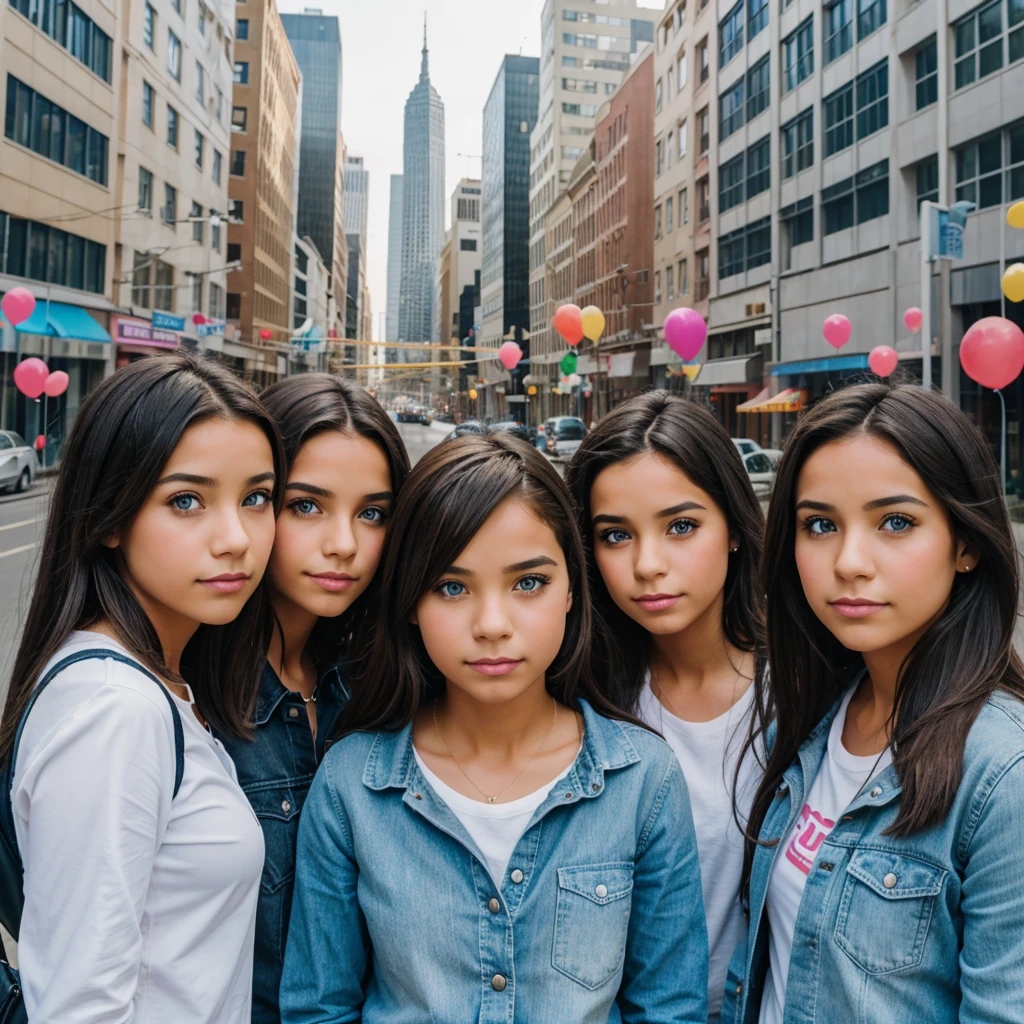 5Friends, in a city, realistic eyes,middle a girl, balloons, paper rocket